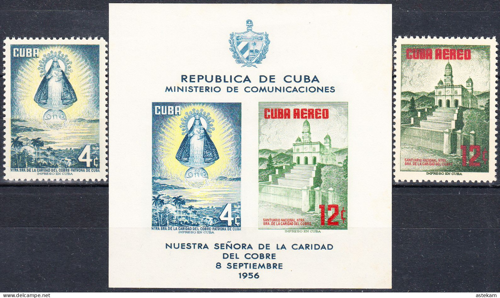 CUBA 1956, RELIGION, VIRGIN Of EL COBRE And CHURCH, COMPLETE, MNH SERIES With BLOCK In GOOD QUALITY, *** - Neufs