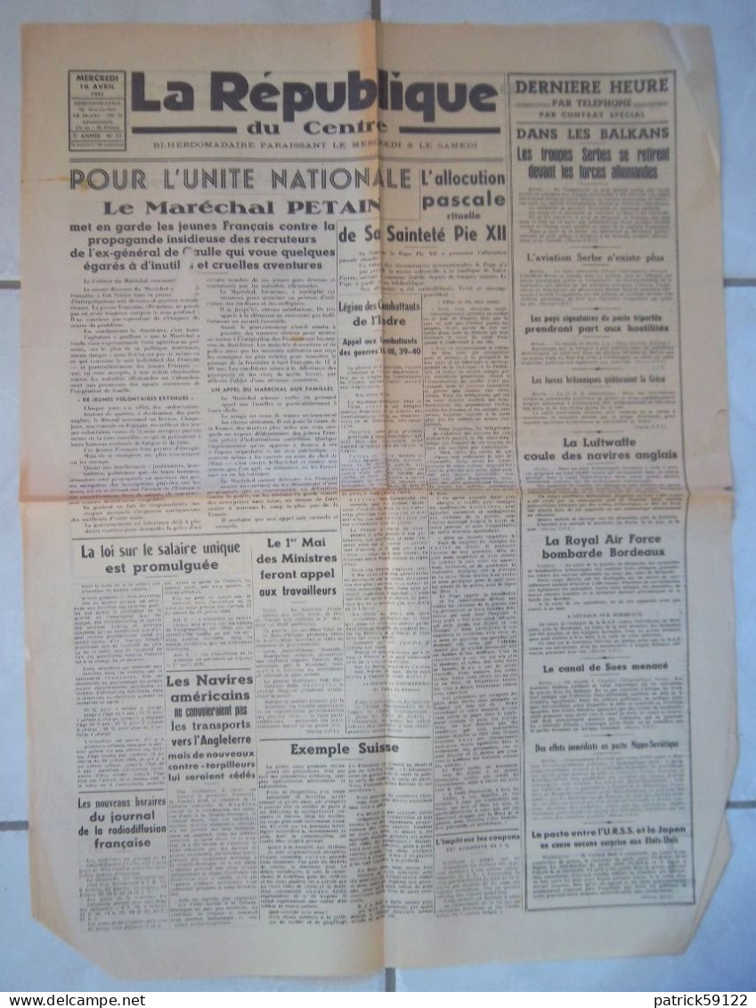 JOURNAL LA REPUBLIQUE DU CENTRE - MERCREDI 16 AVRIL 1941  -  COMPLET Sans DECHIRURE - - Informations Générales