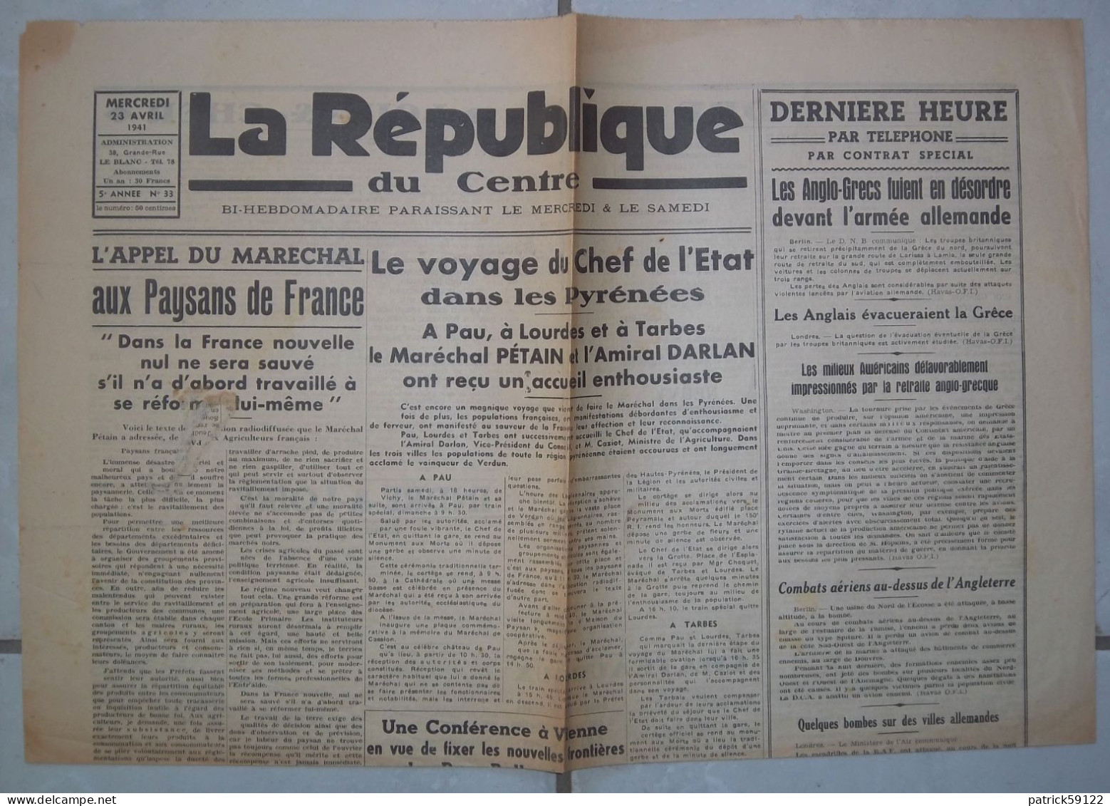 JOURNAL LA REPUBLIQUE DU CENTRE - MERCREDI 23 AVRIL 1941  -  COMPLET Sans DECHIRURE - - Testi Generali