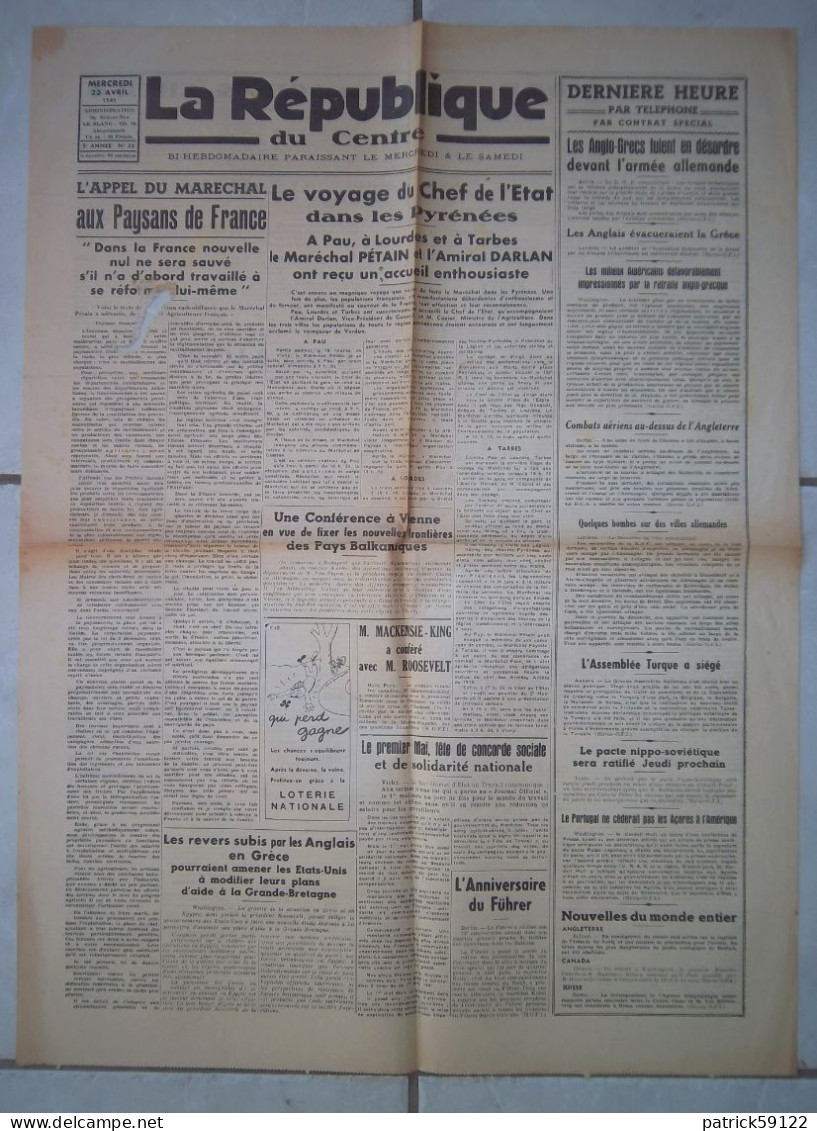 JOURNAL LA REPUBLIQUE DU CENTRE - MERCREDI 23 AVRIL 1941  -  COMPLET Sans DECHIRURE - - Testi Generali