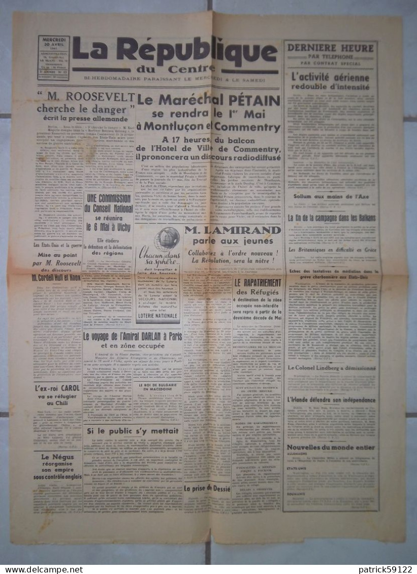 JOURNAL LA REPUBLIQUE DU CENTRE - MERCREDI  30 AVRIL 1941  -  COMPLET Sans DECHIRURE - - Informaciones Generales