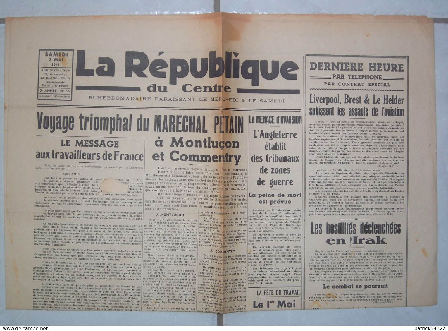 JOURNAL LA REPUBLIQUE DU CENTRE -  SAMEDI  3  MAI 1941  -  COMPLET Sans DECHIRURE - - Allgemeine Literatur