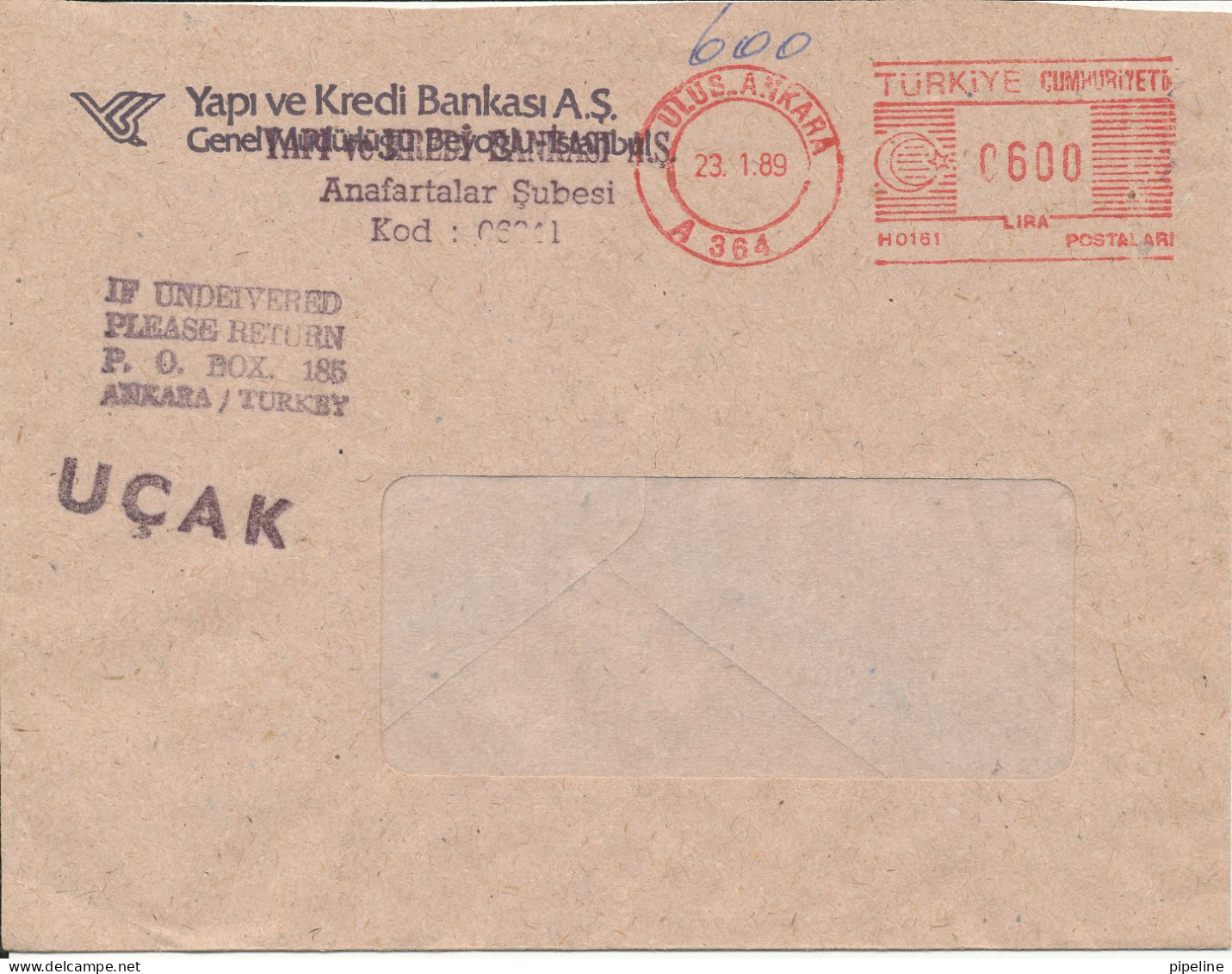 Turkey Bank Cover With Meter Cancel Ulus Ankara 23-1-1989 (Yapi Ve Kredi Bankasi A.S.) - Covers & Documents