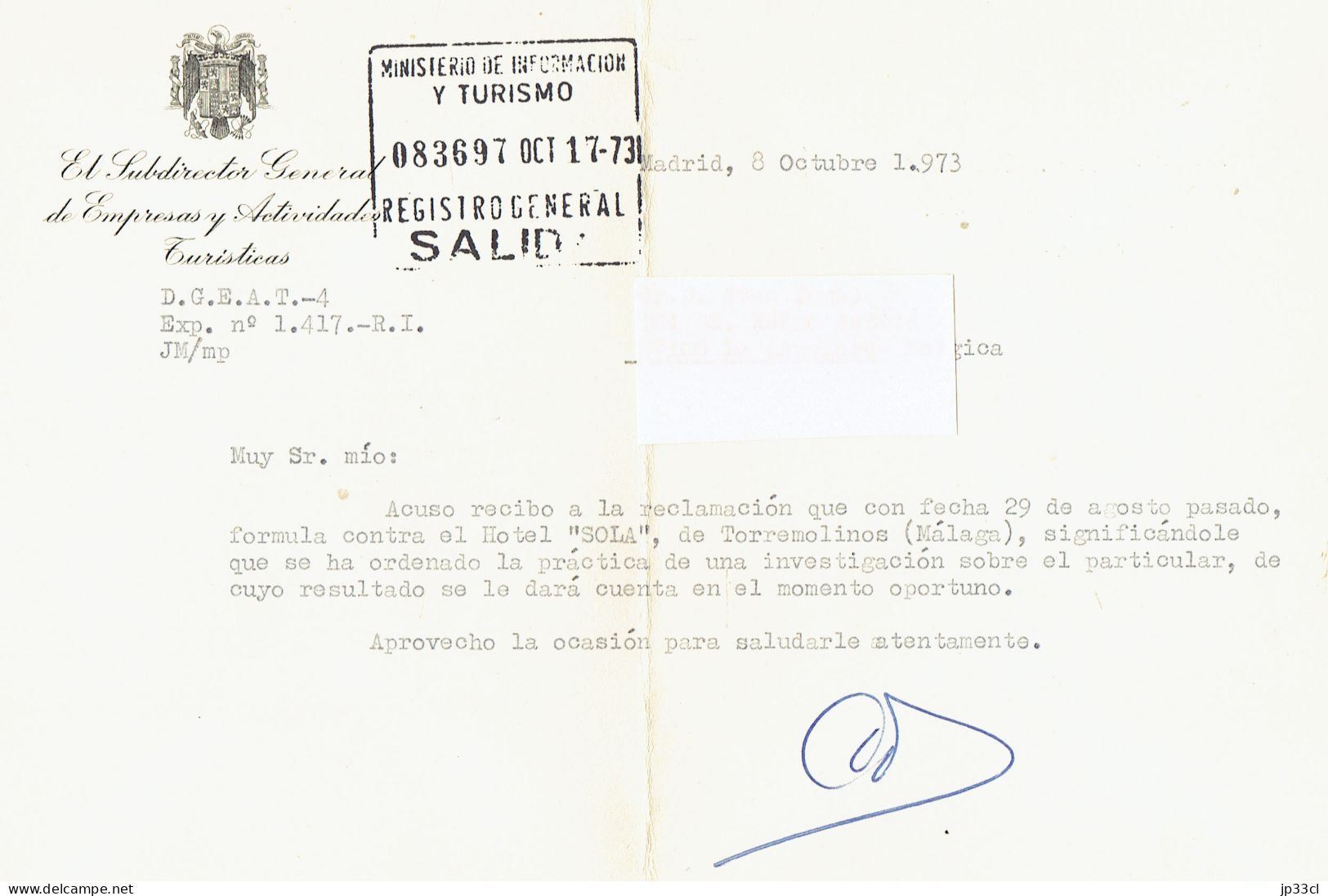 Hotel "Sola" Torremolinos : Carta Del Ministerio De Informacion Y Turismo (Madrid, 8/10/1973) - Documentos Históricos