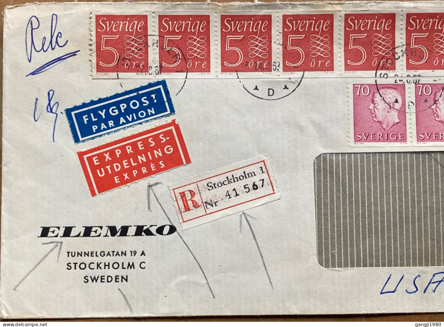 SWEDEN-1967, COVER REGISTER, USED TO USA, EXPRESS & AIRMAIL VIGNETTE, 12 MULTI STAMP, FIGURES, KING GUSTAV, STOCKHOLM CI - Cartas & Documentos