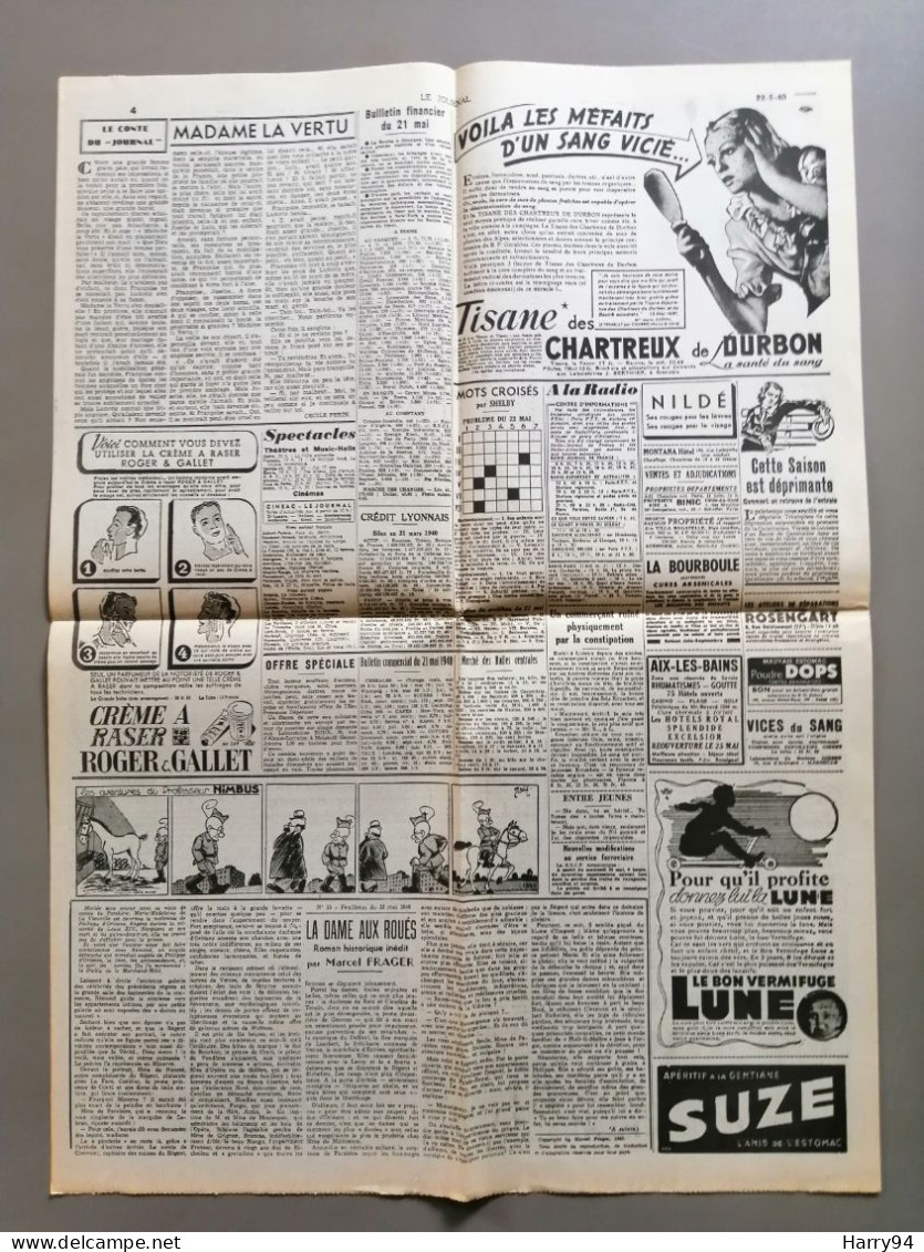 Journal Le Journal Du Mercredi 22 Mai 1940 "Ayons Confiance Dans Le Chef De Nos Armées..." Paul Reynaud Au Sénat - Informations Générales