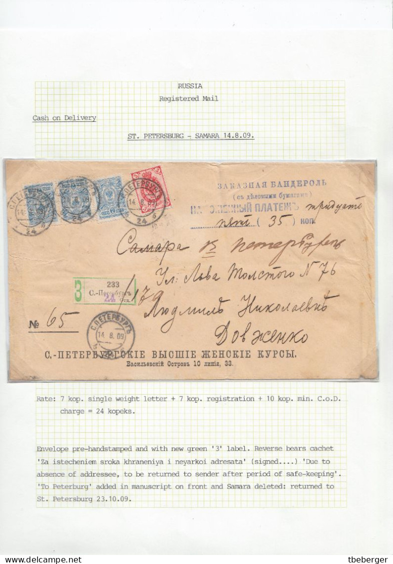 Russia 1909 St. PETERSBURG To SAMARA Cash On Delivery Cover, Special Green Label, Ex Miskin (ai37) - Storia Postale