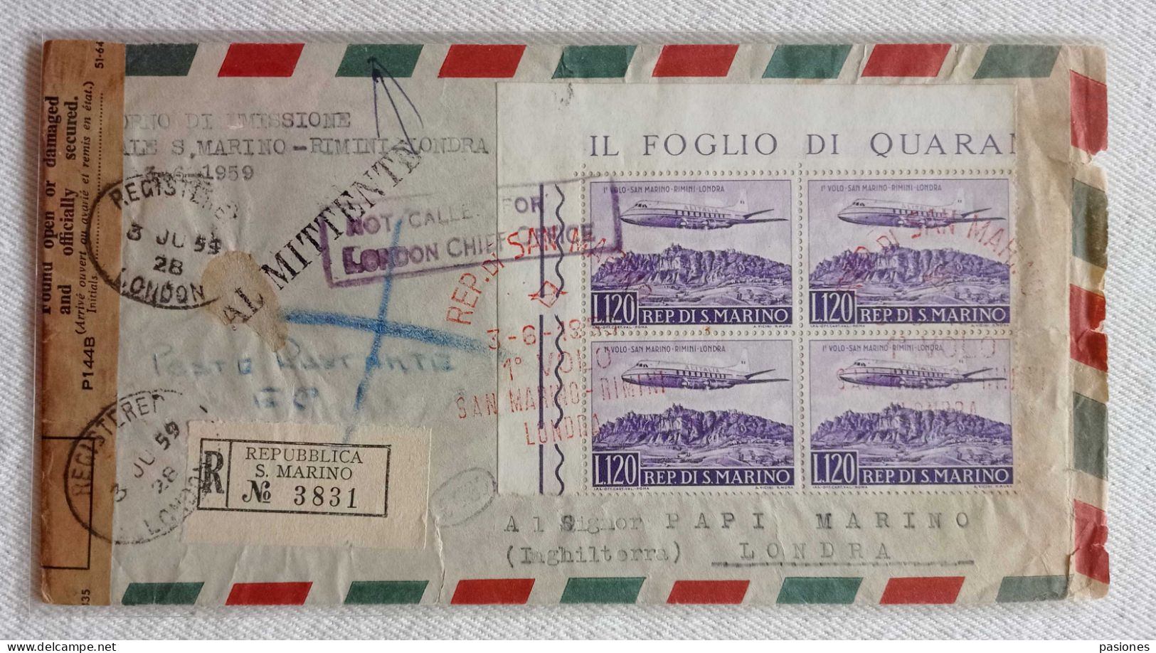 Corrispondenza Restituita Al Mittente 1° Giorno Emissione 1° Volo San Marino-Rimini-Londra 03/06/1959 - Luftpost