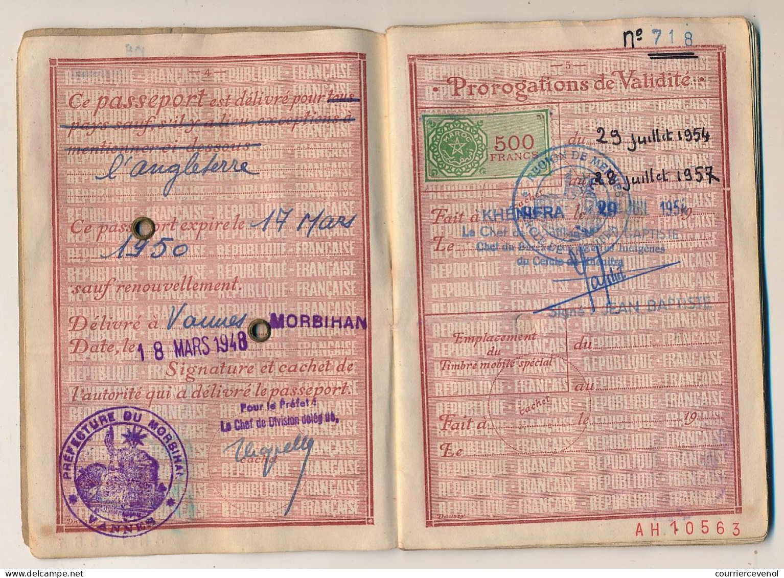 FRANCE / MAROC - Passeport 500 Francs 1948/1957 - Vannes, Renouvelé à Khénifra - Nombreux Visas Et Fiscaux Espagnols - Zonder Classificatie