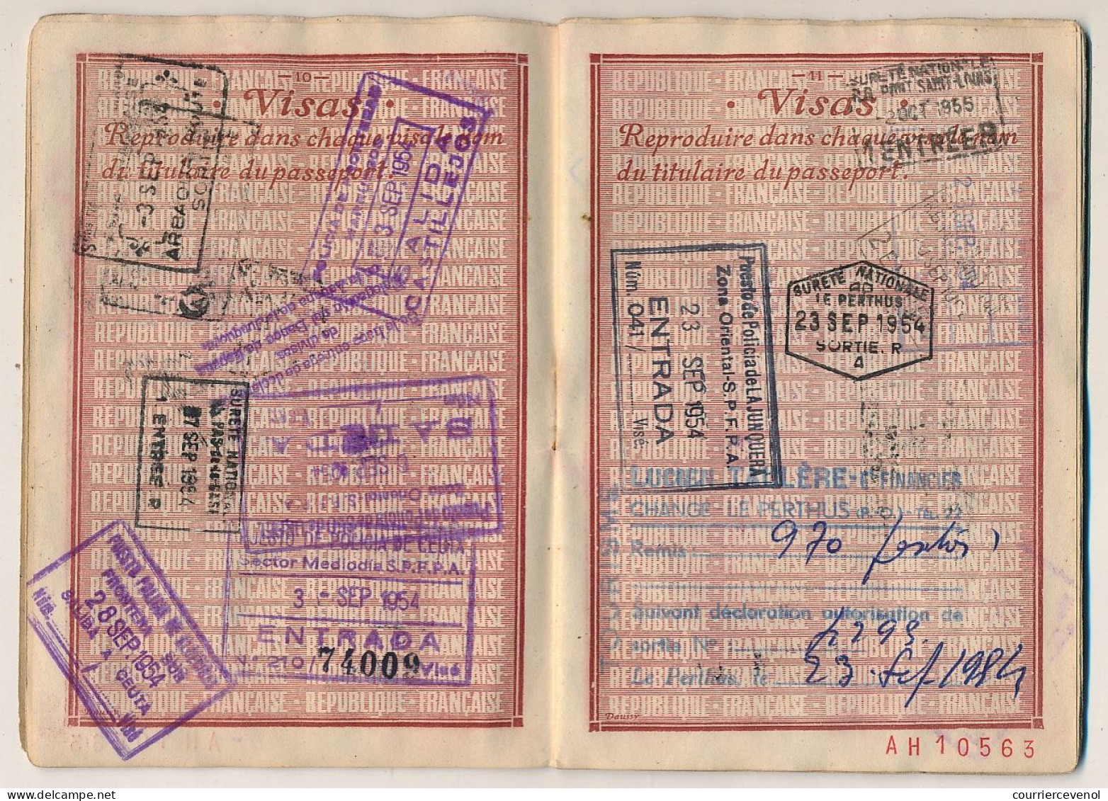 FRANCE / MAROC - Passeport 500 francs 1948/1957 - Vannes, renouvelé à Khénifra - Nombreux visas et fiscaux espagnols