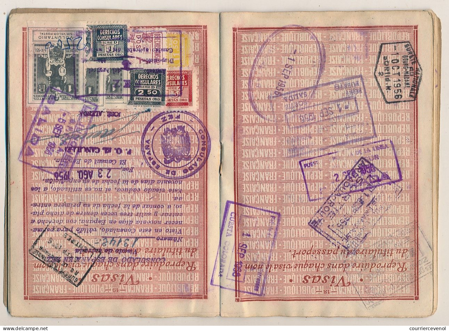 FRANCE / MAROC - Passeport 500 francs 1948/1957 - Vannes, renouvelé à Khénifra - Nombreux visas et fiscaux espagnols
