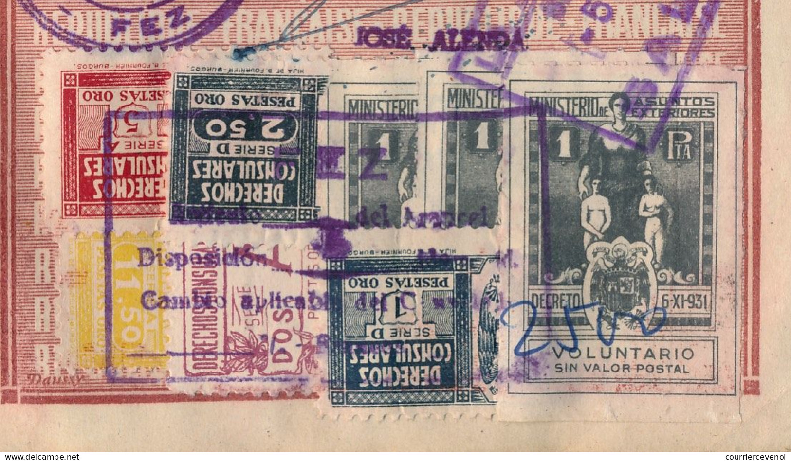 FRANCE / MAROC - Passeport 500 francs 1948/1957 - Vannes, renouvelé à Khénifra - Nombreux visas et fiscaux espagnols