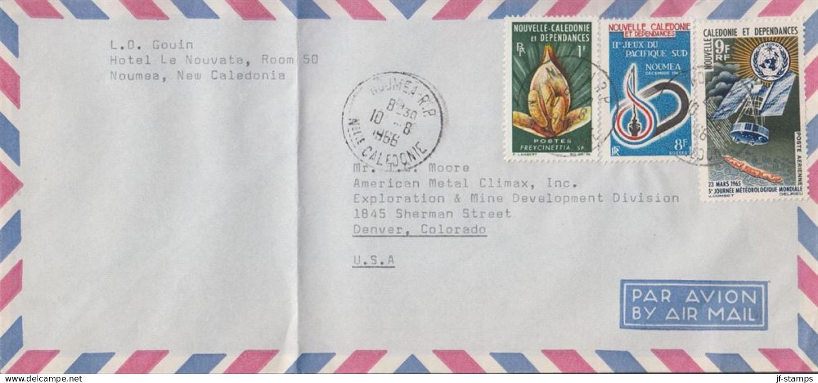 1966. NOUVELLE-CALEDONIE. AIR MAIL Cover To USA With 1 F Flower + 8 F Sport And 9 F Metrolog... (Michel 411+) - JF440773 - Storia Postale