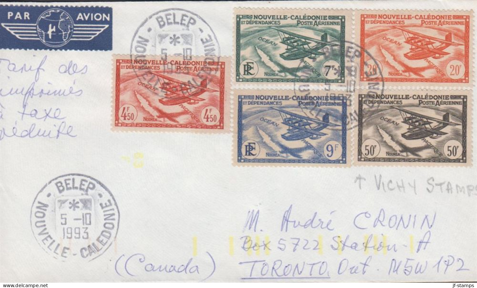 1993. NOUVELLE-CALEDONIE. Unusual Franking With 5 Stamps From The 1942/1943 Issue POSTE AERI... (Michel 295+) - JF440797 - Covers & Documents