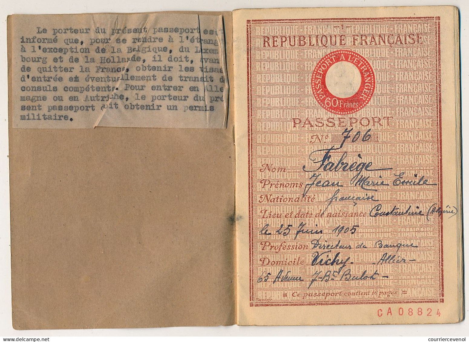 FRANCE - Passeport 60 Francs 1946/1949 - Vichy, Renouvelé Id. Timbre Fiscal 500 Francs + Visa Suisse / Fiscal - Unclassified