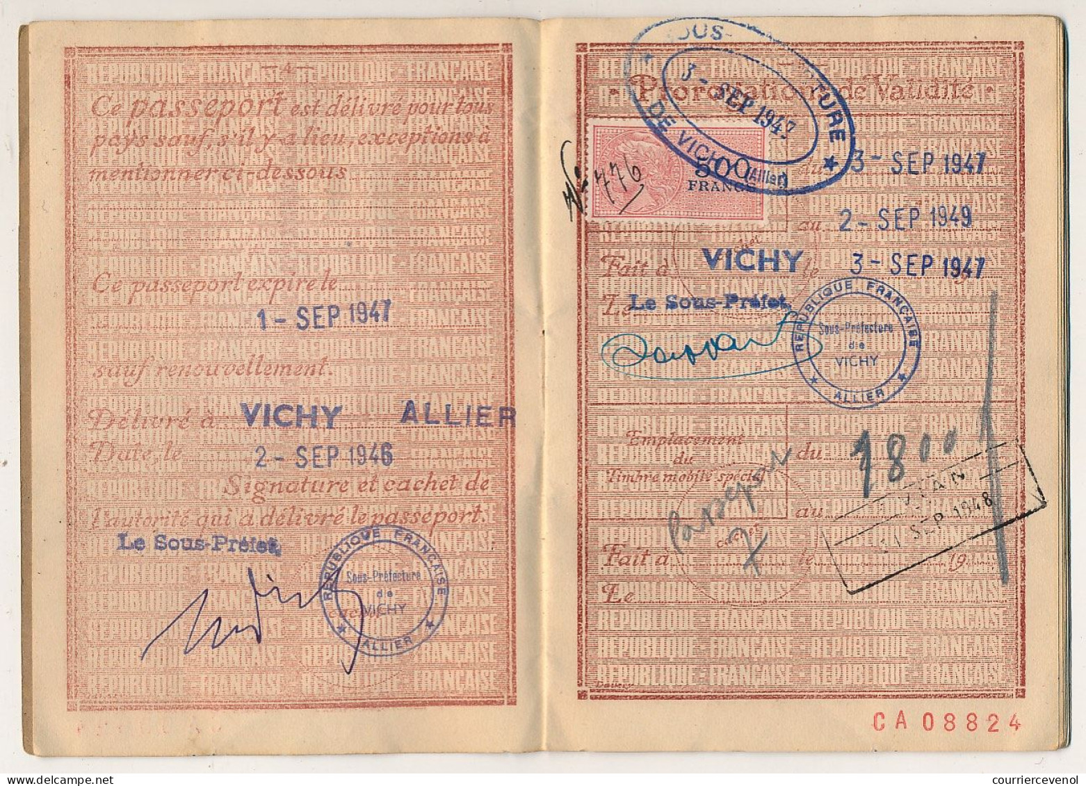 FRANCE - Passeport 60 Francs 1946/1949 - Vichy, Renouvelé Id. Timbre Fiscal 500 Francs + Visa Suisse / Fiscal - Zonder Classificatie