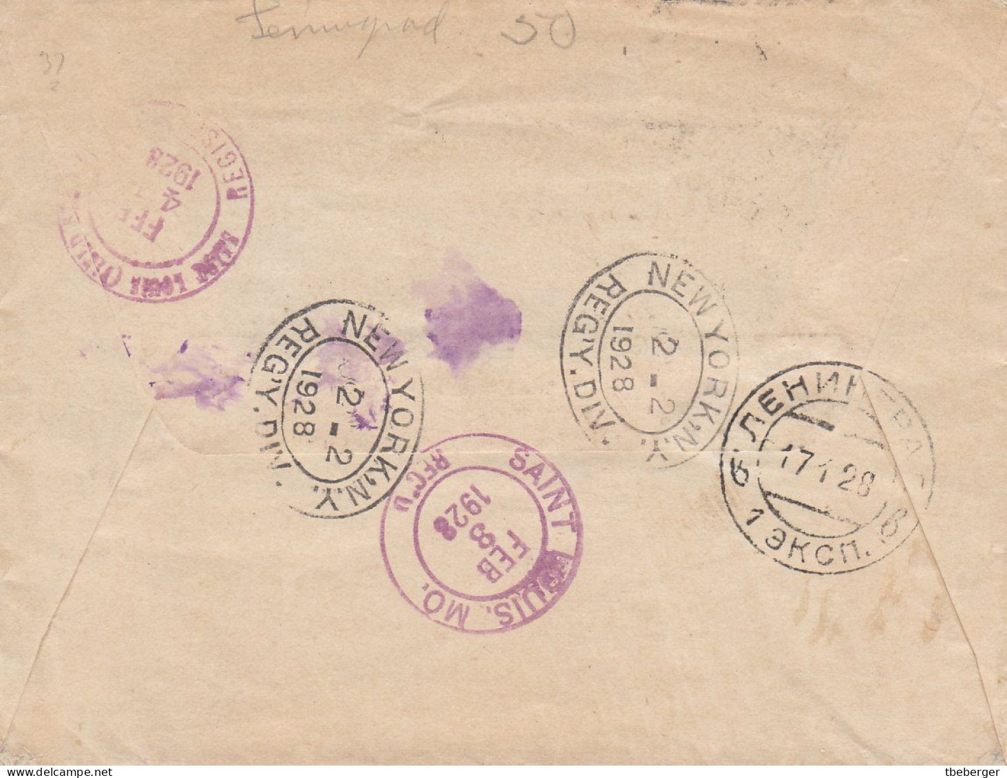 Russia USSR 1928 LENINGRAD To St. LOUIS USA Registered Cover, Late Usage Of Petrograd Label, Ex Miskin (ai58) - Lettres & Documents