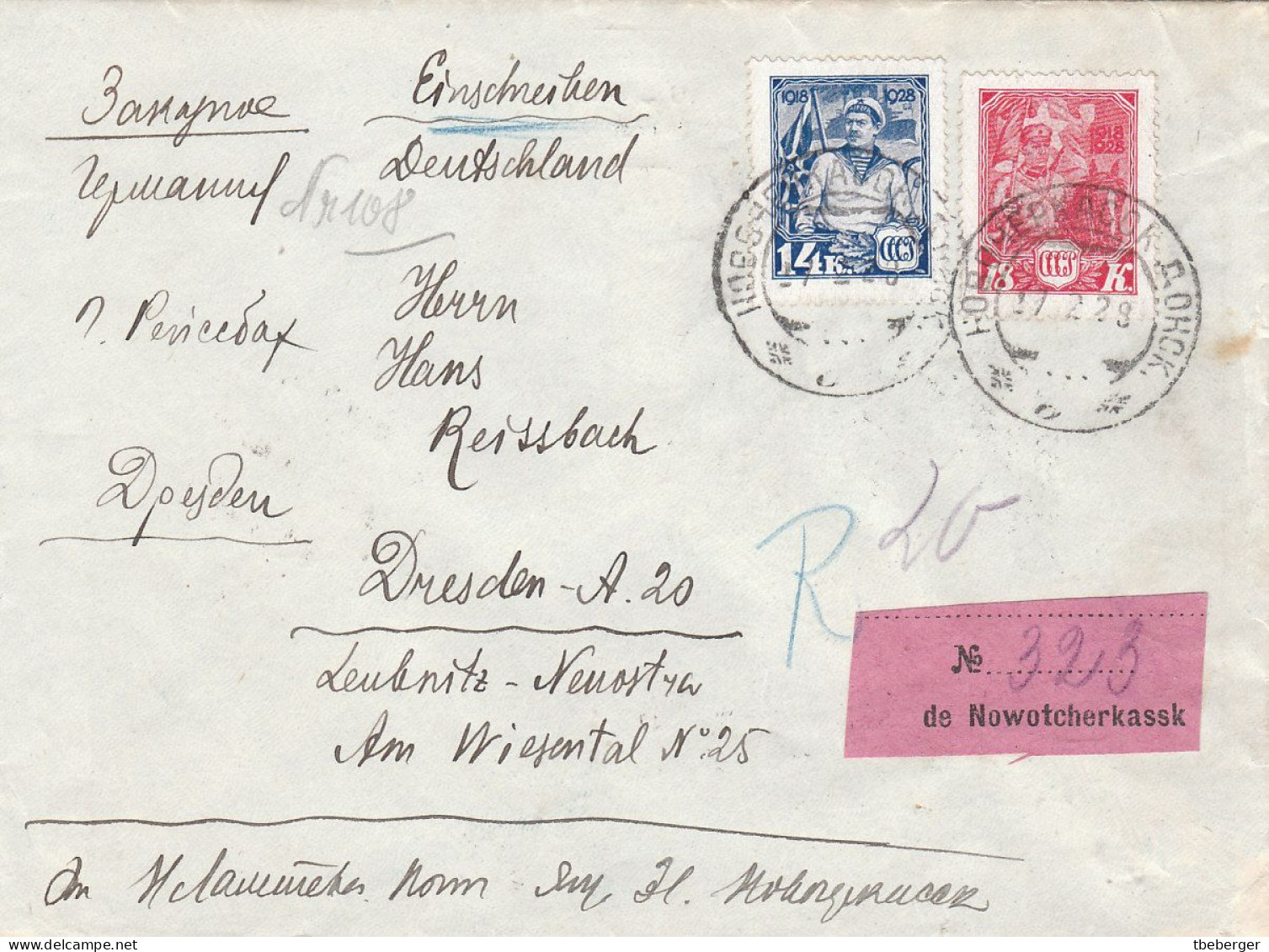 Russia USSR 1928 NOVOCHERKASSK Don Via KIIV VOKSAL To DRESDEN Registered Cover, 10 Years Red Army, Ex Miskin (ai59) - Storia Postale