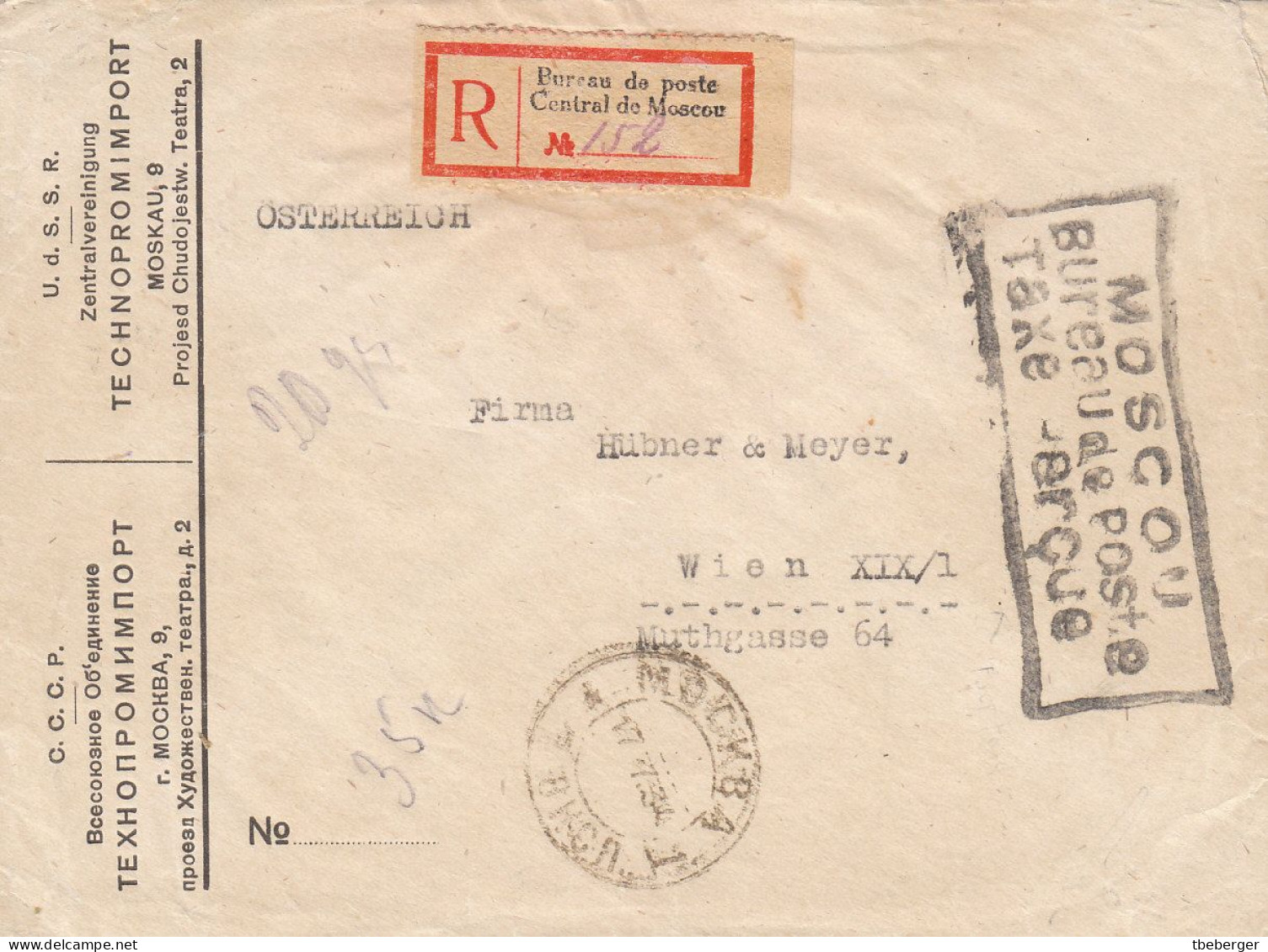 Russia USSR 1934 MOSCOW To Vienna, Registered Cover Post Paid In Cash, Taxe Percue, Very Rare Ex Miskin (ai67) - Briefe U. Dokumente