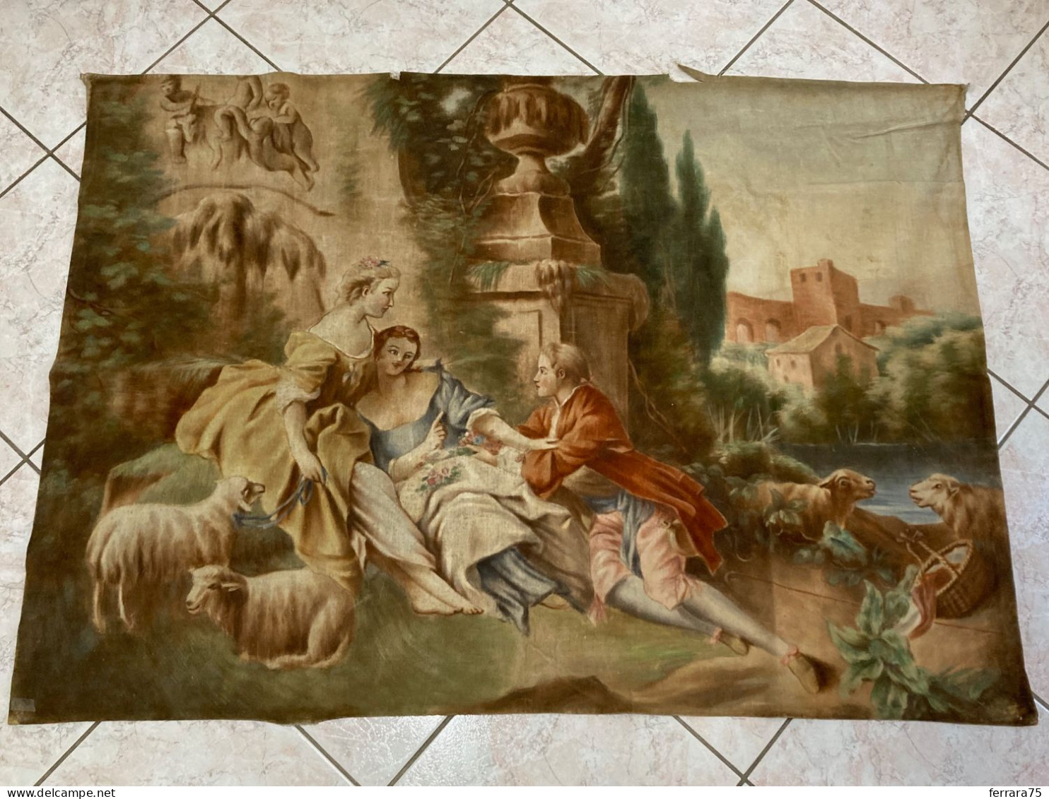 ANTICO ARAZZO DA PARETE FRANCESE SCENA AMOROSA PAESAGGIO SENZA CORNICE MT.1,35X96 CM.. - Alfombras & Tapiceria