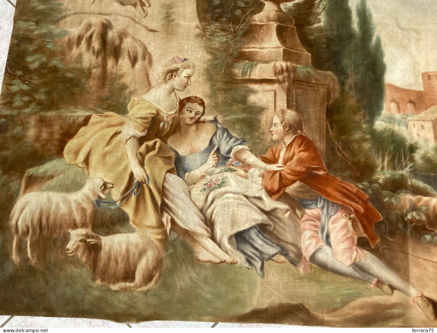 ANTICO ARAZZO DA PARETE FRANCESE SCENA AMOROSA PAESAGGIO SENZA CORNICE MT.1,35X96 CM..