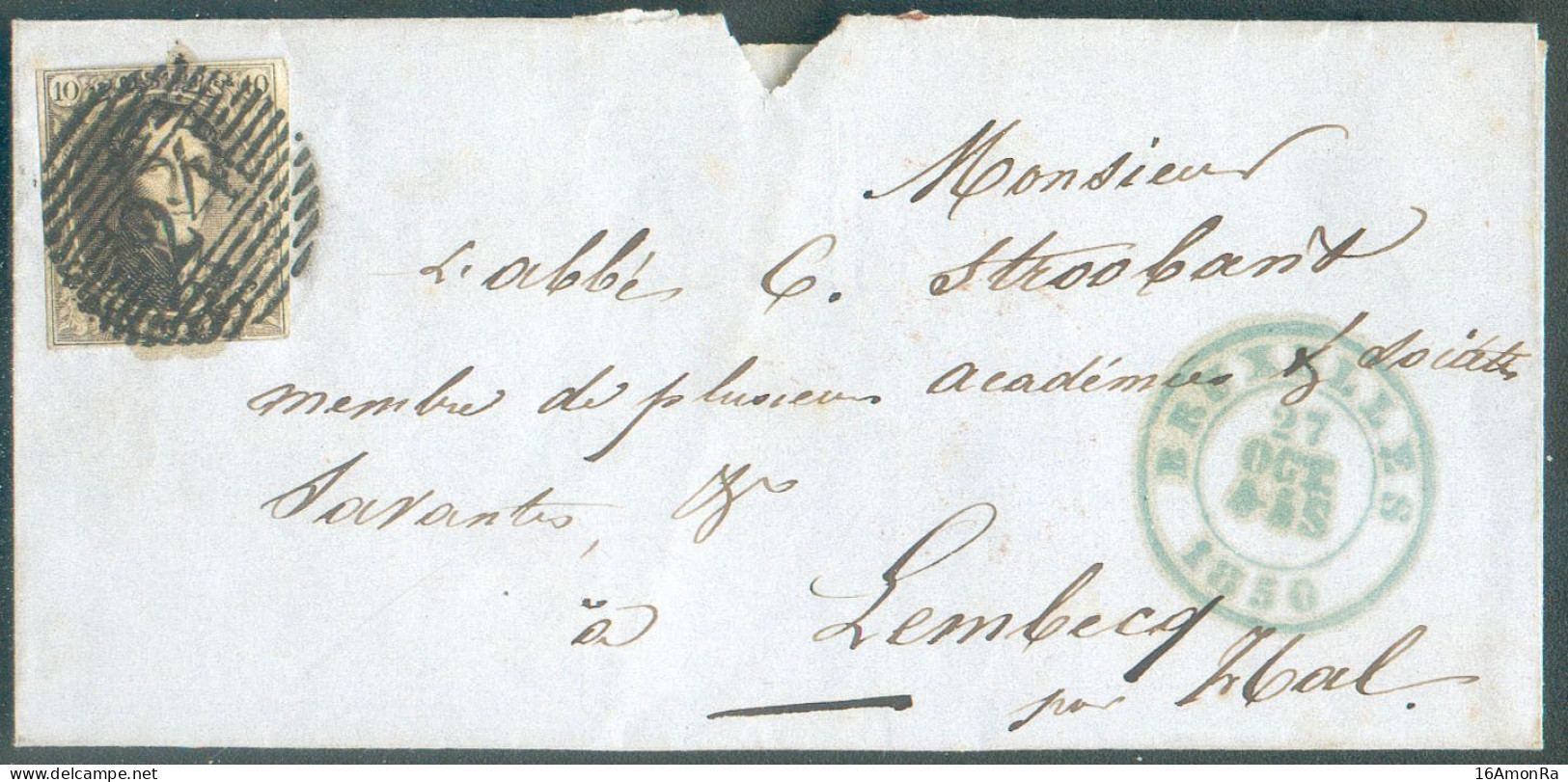 N°3 - 10 Centimes Brun Obl; P.24 Sur Lettre De BRUXELLES Le 27 Octobre 1850 Vers Abbé Stroobant Membre De Plusieurs Acad - 1849-1850 Médaillons (3/5)