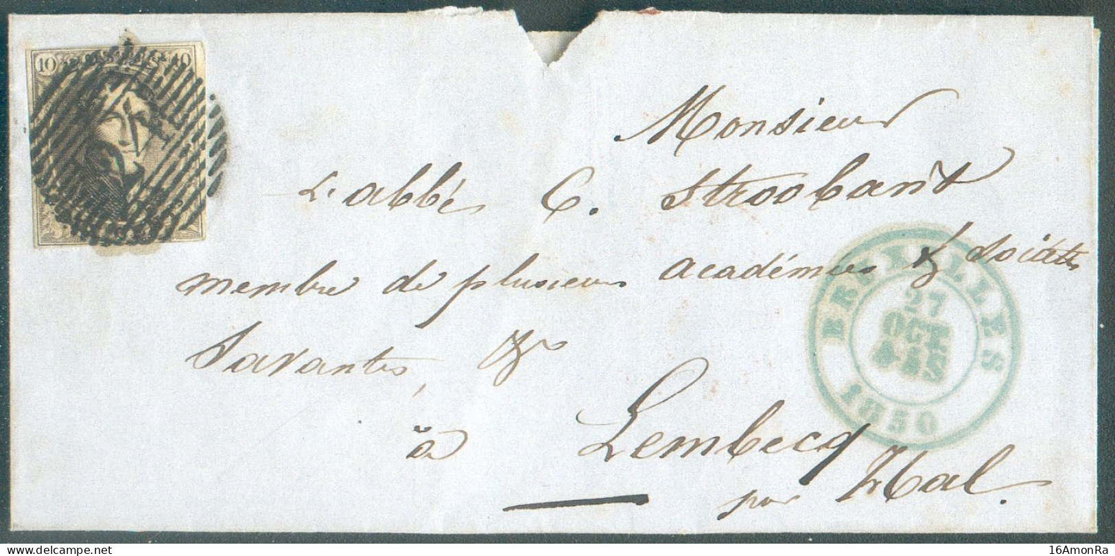 N°3 - 10 Centimes Brun Obl; P.24 Sur Lettre De BRUXELLES Le 27 Octobre 1850 Vers Abbé Stroobant Membre De Plusieurs Acad - 1849-1850 Medallions (3/5)