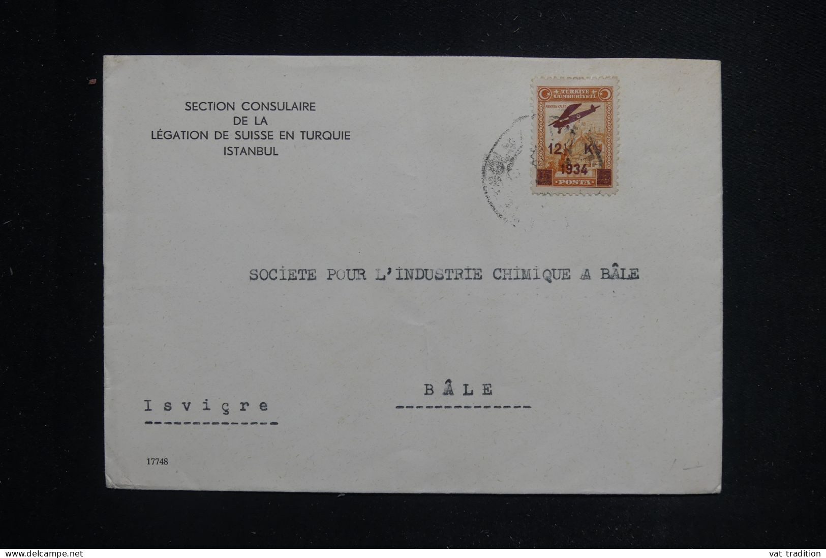 TURQUIE - Enveloppe De La Légation Suisse Pour La Suisse , Affranchissement Surchargé PA De 1934  - L 143953 - Cartas & Documentos