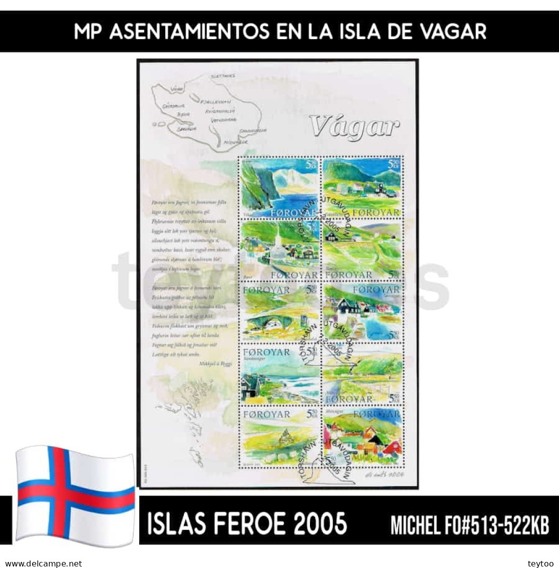 D0279# Islas Feroe 2005. MP Asentamientos En Vágar (CTO) MI#513-522KB - Faroe Islands