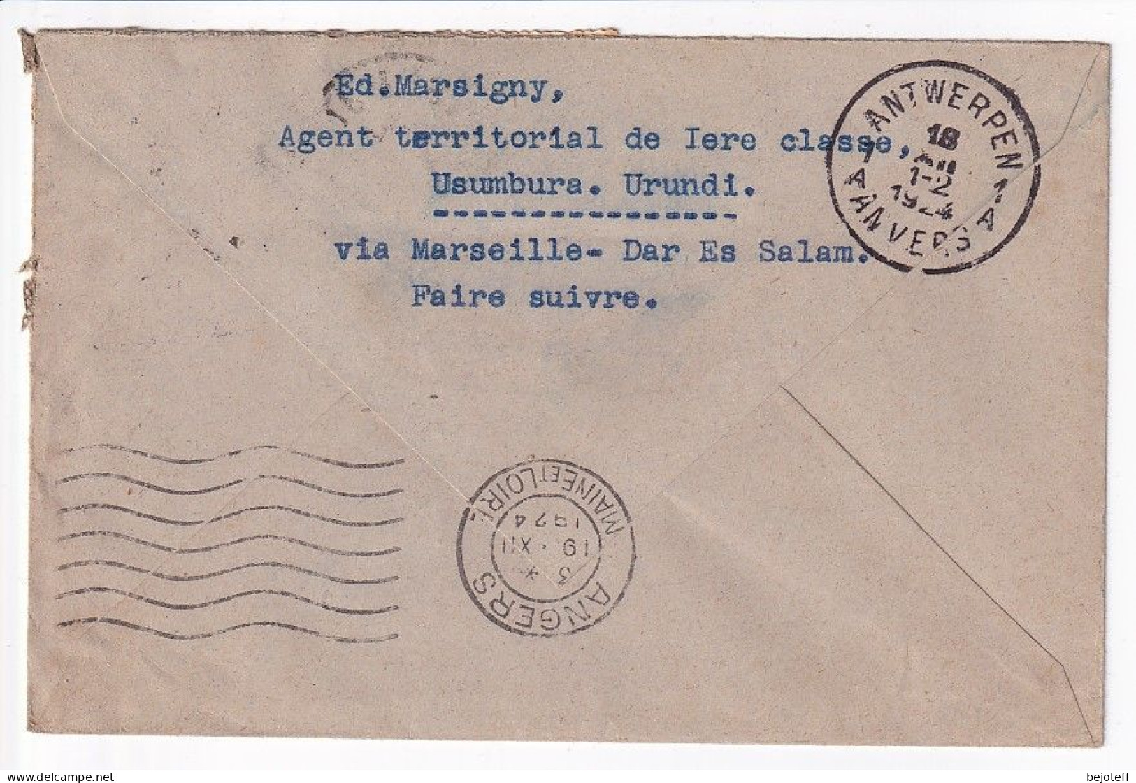 Lettre 50/25c + 25/40c , Usumbura 1924 Via Anvers à Anger - Lettres & Documents