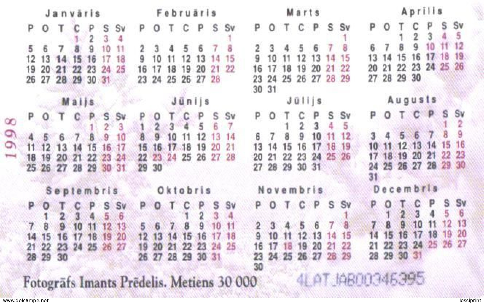 Latvia:Used Phonecard, Lattelekom, 5 Lati, Sunset, Calendar 1998 - Lettonie