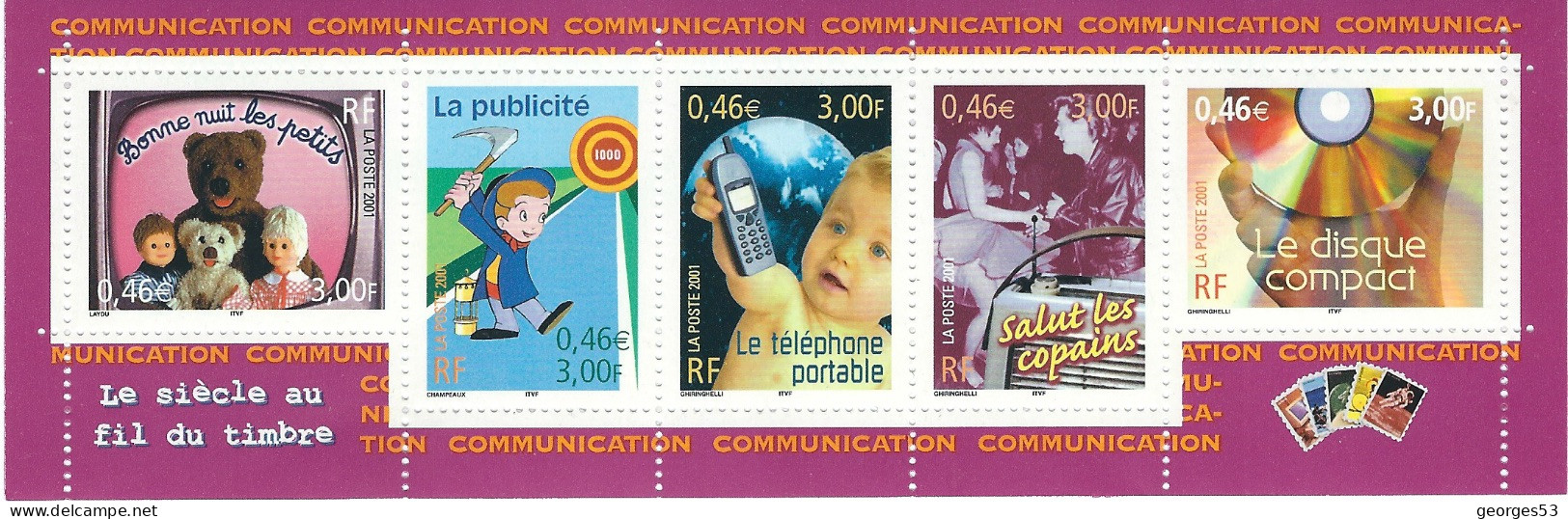 France N° B3372  Feuillet  2001 Bande De 5 , Le Siècle Au Fil Du Timbre   BF N° 35     Val YT 7,50 €, Er  8 € - Neufs