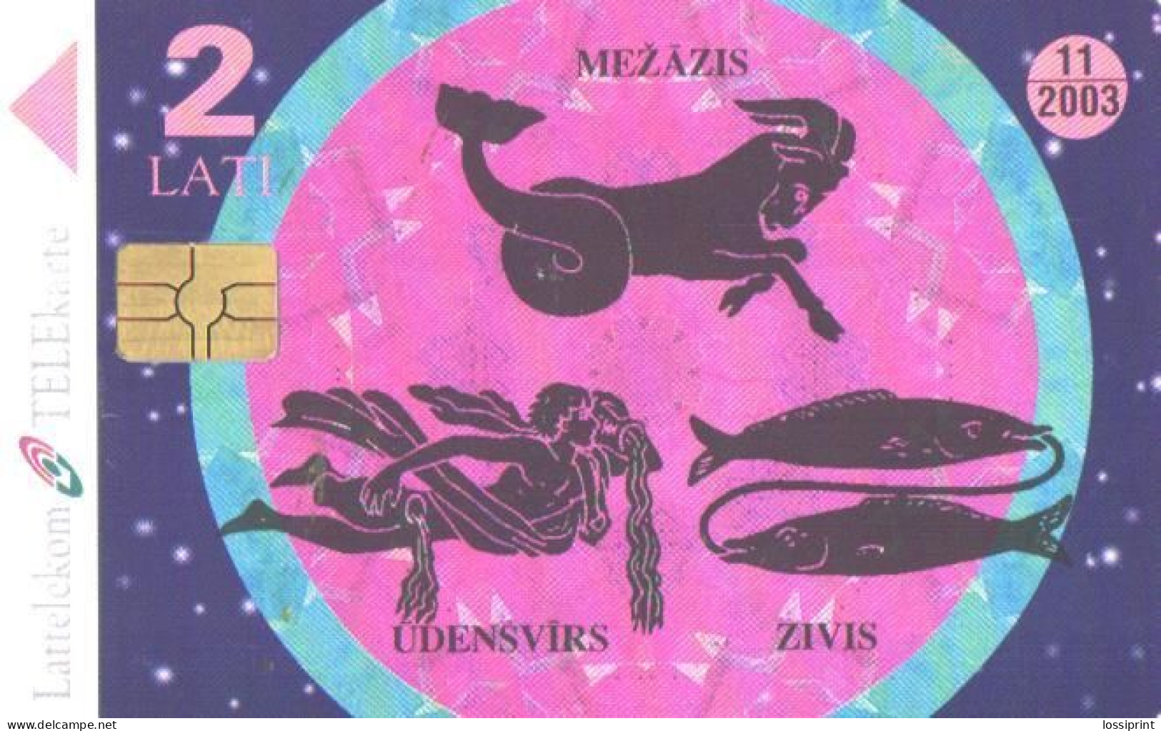 Latvia:Used Phonecard, Lattelekom, 2 Lati, Puzzle, Zodiac, Purple, 2003 - Lettonia