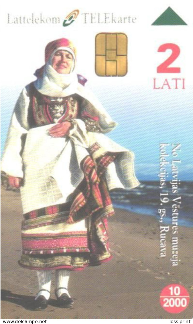 Latvia:Used Phonecard, Lattelekom, 2 Lati, Kurzeme National Costume, Land Map, 2000 - Lettonie