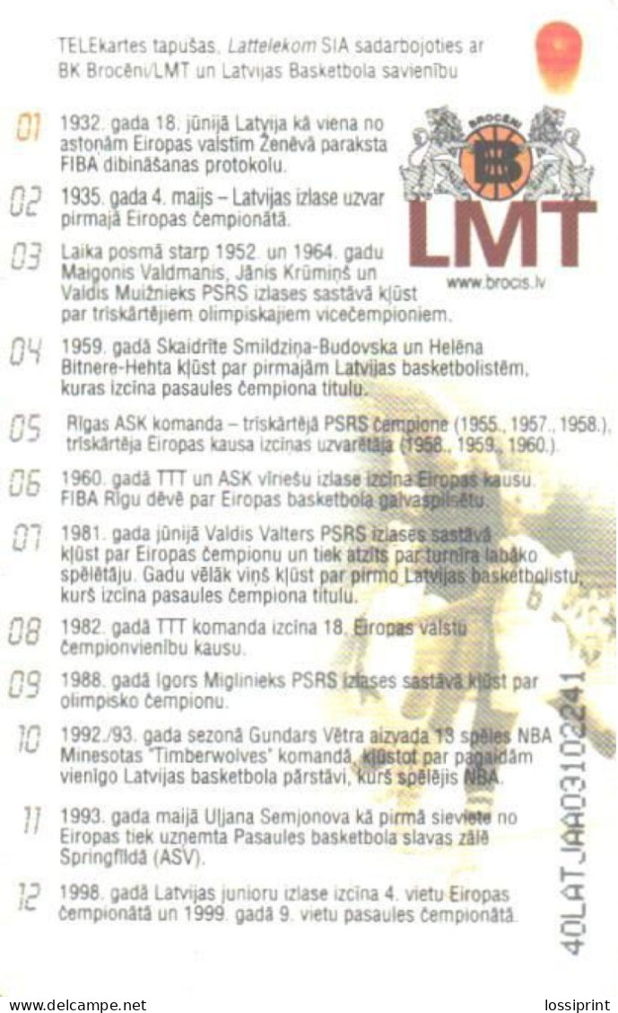 Latvia:Used Phonecard, Lattelekom, 3 Lati, Basketball Team, 01, 2000 - Lettland