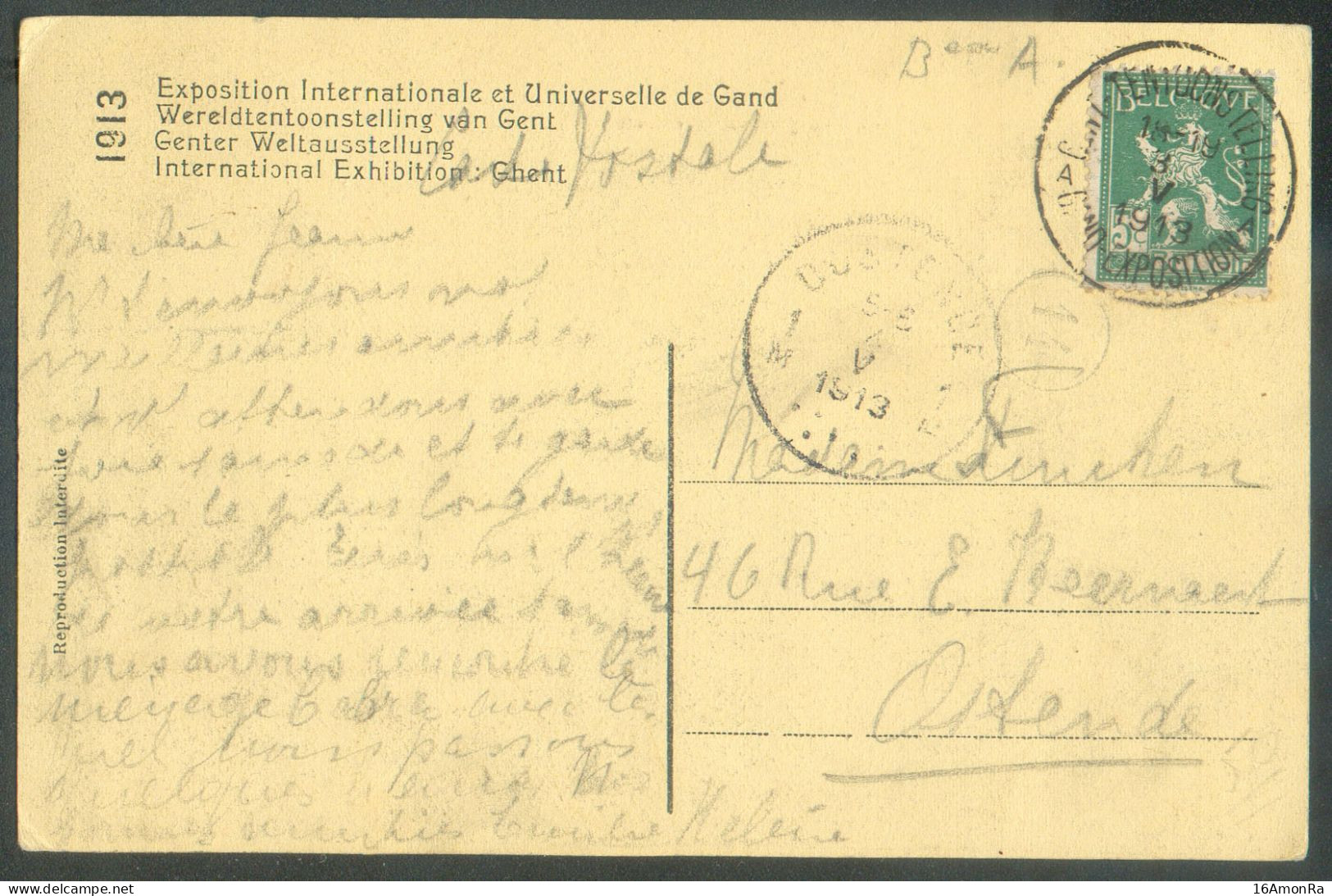 N°110 - 5c. PELLENS Obl. Sc GENT TENTOONSTELLING GAND EXPOSITION A (bureau A) Sur CP Du 3-V-1913 Vers Ostende -  20235 - 1912 Pellens
