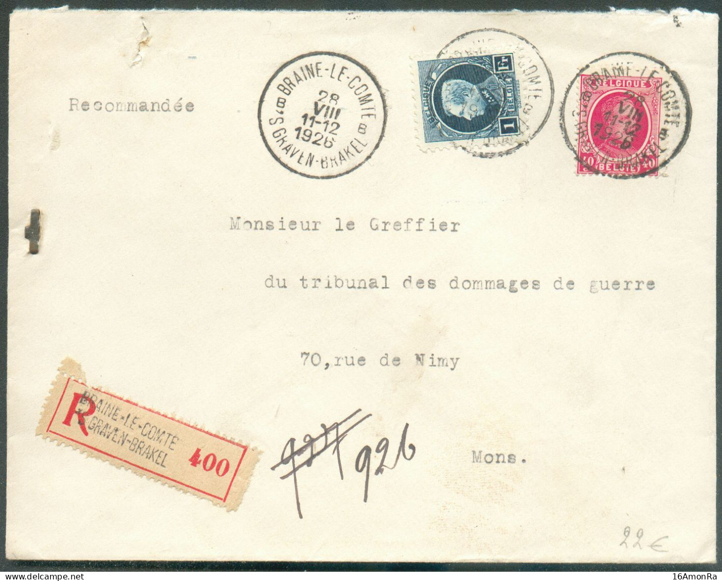 1Fr. Petit Montenez + 40c. Houyoux  Obl. Sc BRAINE-le-COMTE Sur Lettre Recommandée Du 28-VII-1926 Vers Mons. -  20238 - 1921-1925 Kleine Montenez