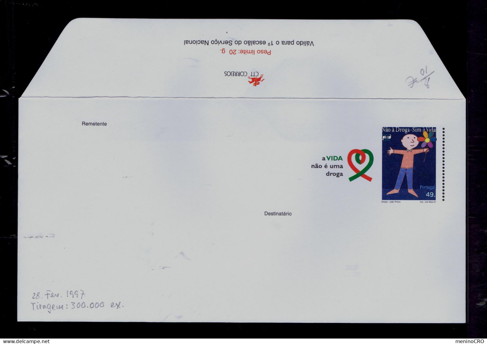 Gc7707 PORTUGAL "no To Drugs Yes To Life: Life Is Not A Drug" Santé Health Cover Postal Stationery 28-02-1997 /scarce - Drogue