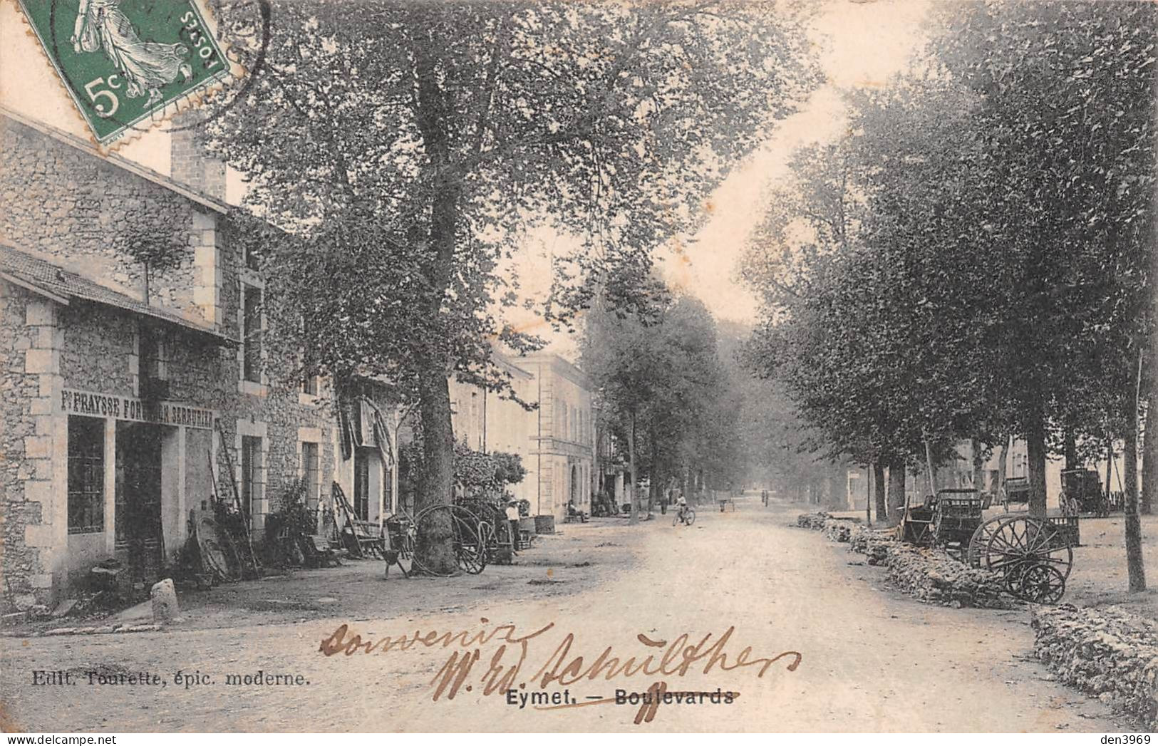 EYMET (Dordogne) - Boulevards - Forgeron-Serrurier Fraysse - Voyagé 1908 (2 Scans) Prades, 328 Bld De Talence, Bordeaux - Eymet