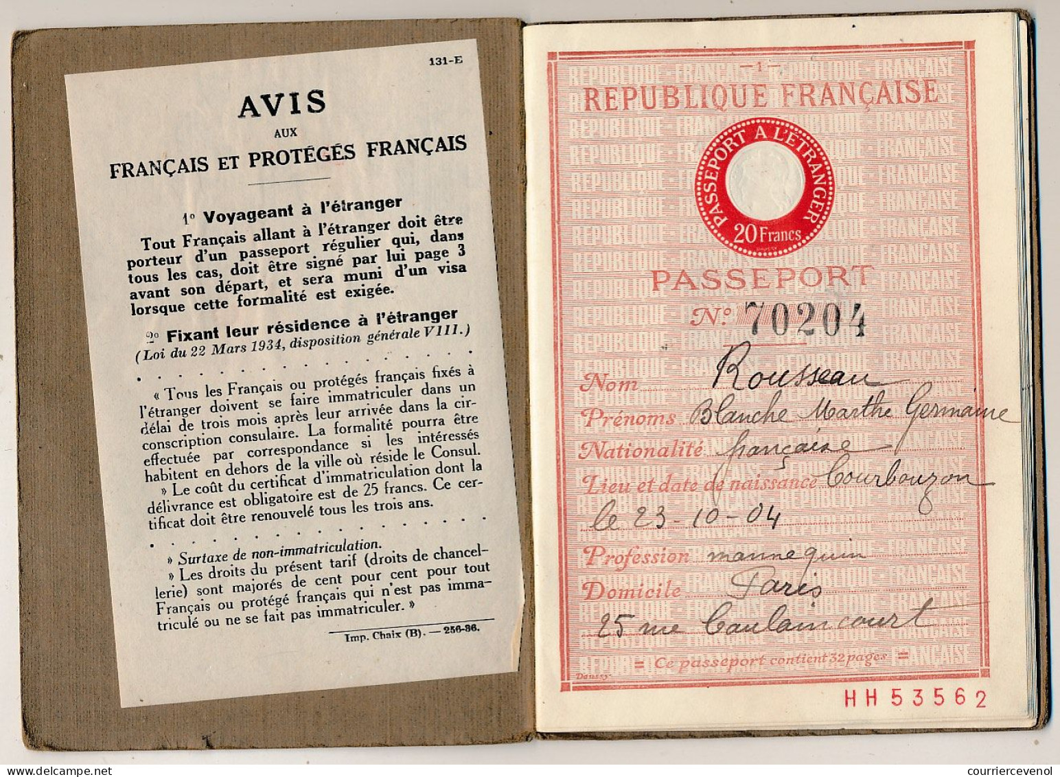 FRANCE - Passeport 20 Francs 1936/1939 Paris - Fiscaux Renouvellement 20 Francs Et 38 Francs - Pas Valable Pour Espagne. - Unclassified