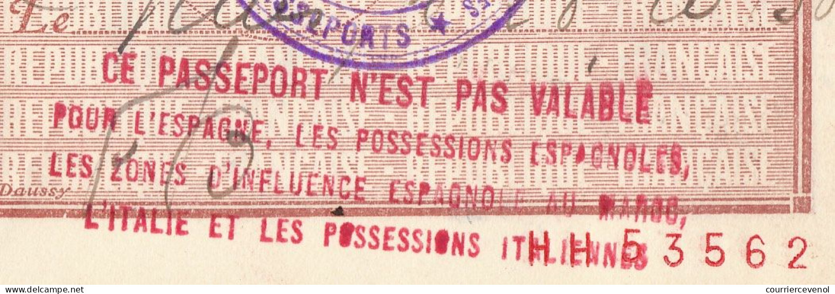 FRANCE - Passeport 20 francs 1936/1939 Paris - Fiscaux renouvellement 20 francs et 38 francs - pas valable pour Espagne.