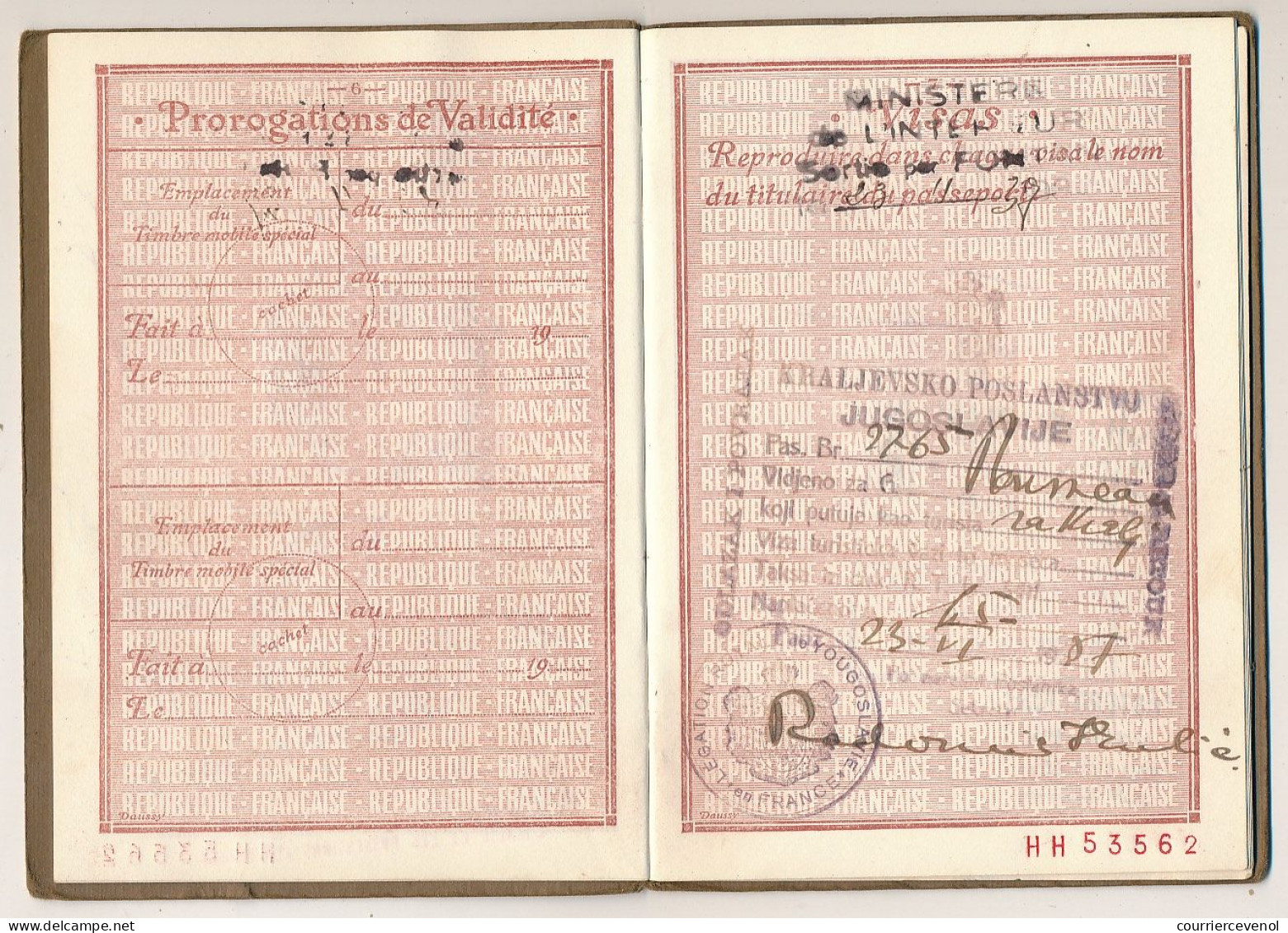 FRANCE - Passeport 20 francs 1936/1939 Paris - Fiscaux renouvellement 20 francs et 38 francs - pas valable pour Espagne.