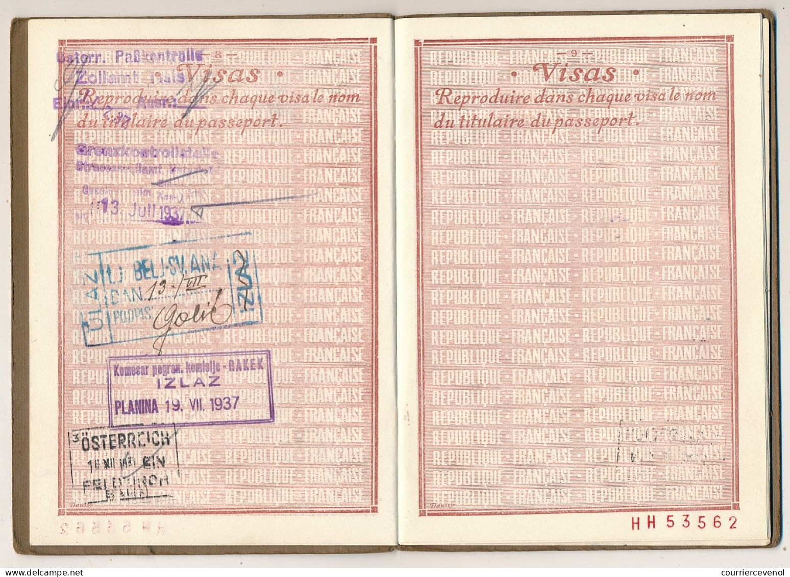 FRANCE - Passeport 20 francs 1936/1939 Paris - Fiscaux renouvellement 20 francs et 38 francs - pas valable pour Espagne.