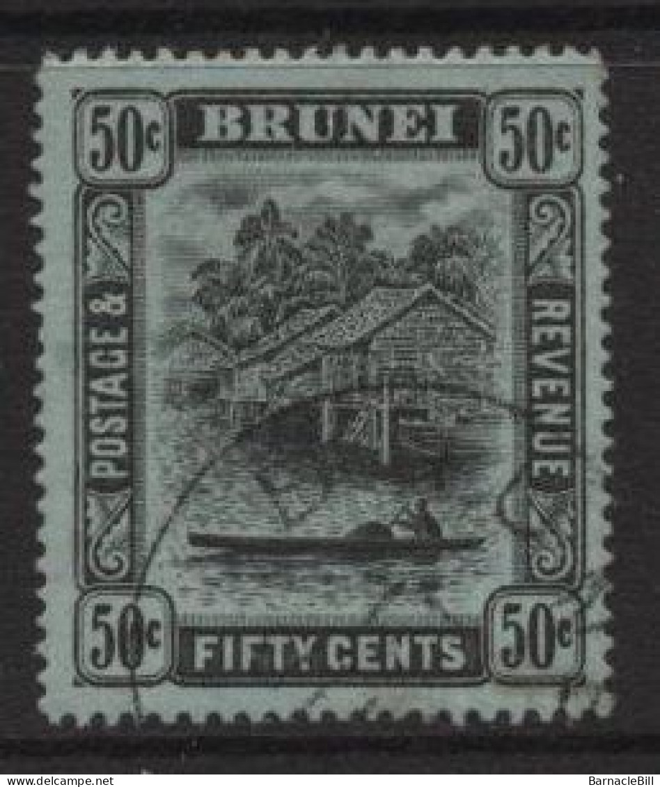 Brunei (10) 1908 Issue. Watermark Multiple Crown CA. 50c. Black On Green. Used. Hinged. - Brunei (...-1984)
