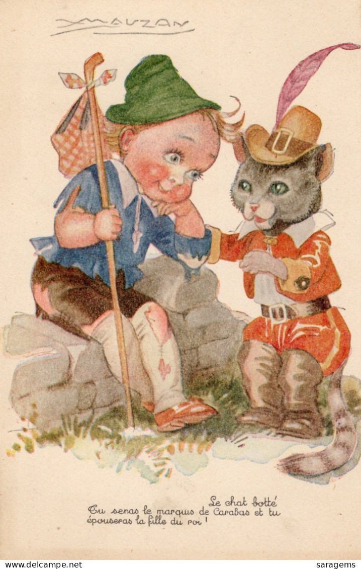 Little Boy And Dressed Cat, Mauzan Art 1910s - Antique Fantasy Postcard - Mauzan, L.A.