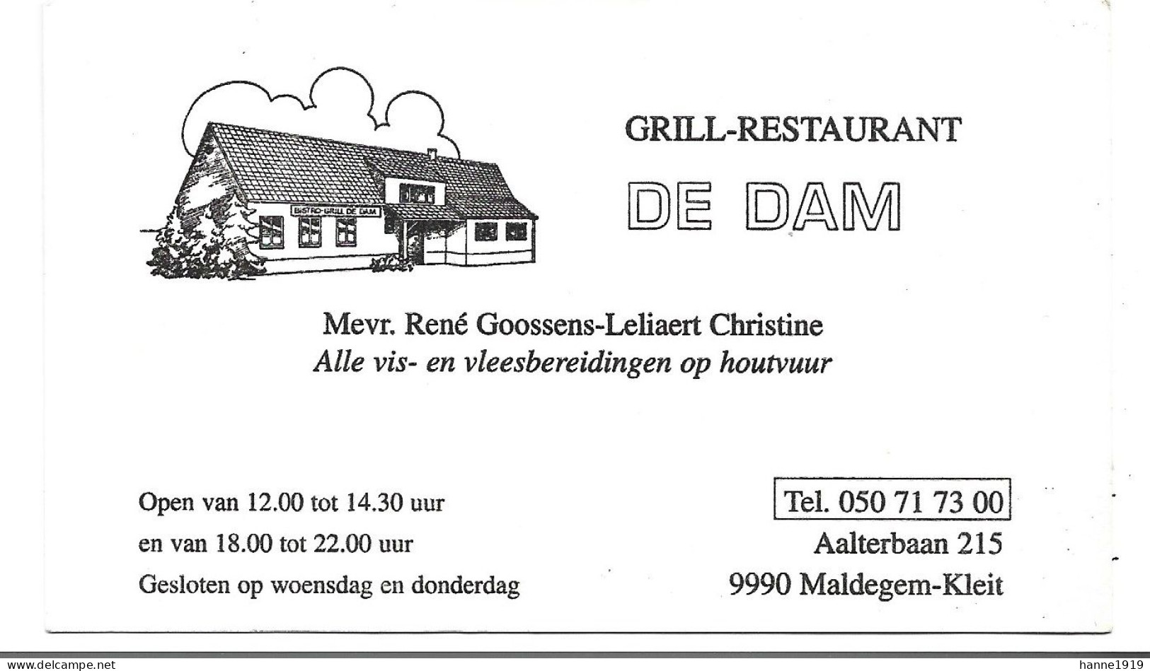 Maldegem Kleit Grill Restaurant De Dam Aalterbaan Visitekaartje Htje - Cartes De Visite