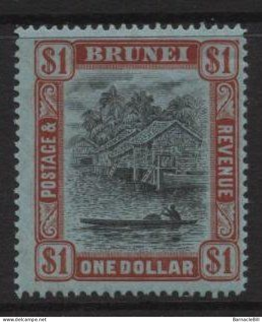 Brunei (11) 1908 Issue. Watermark Multiple Crown CA. $1 Black & Red On Blue. Unused. Hinged. - Brunei (...-1984)