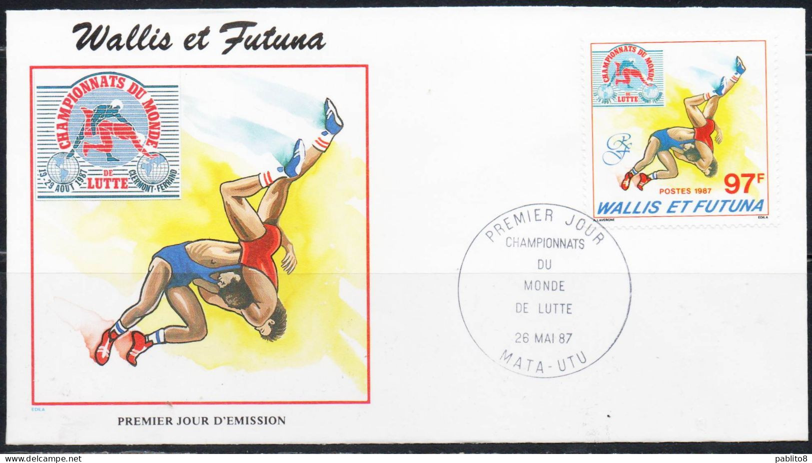 WALLIS AND FUTUNA ISLANDS 1987 WORLD WRESTLING CHAMPIONSHIPS OLYMPHILEX87 ROME 97fr COVER LETTER LETTRE FDC - Usati