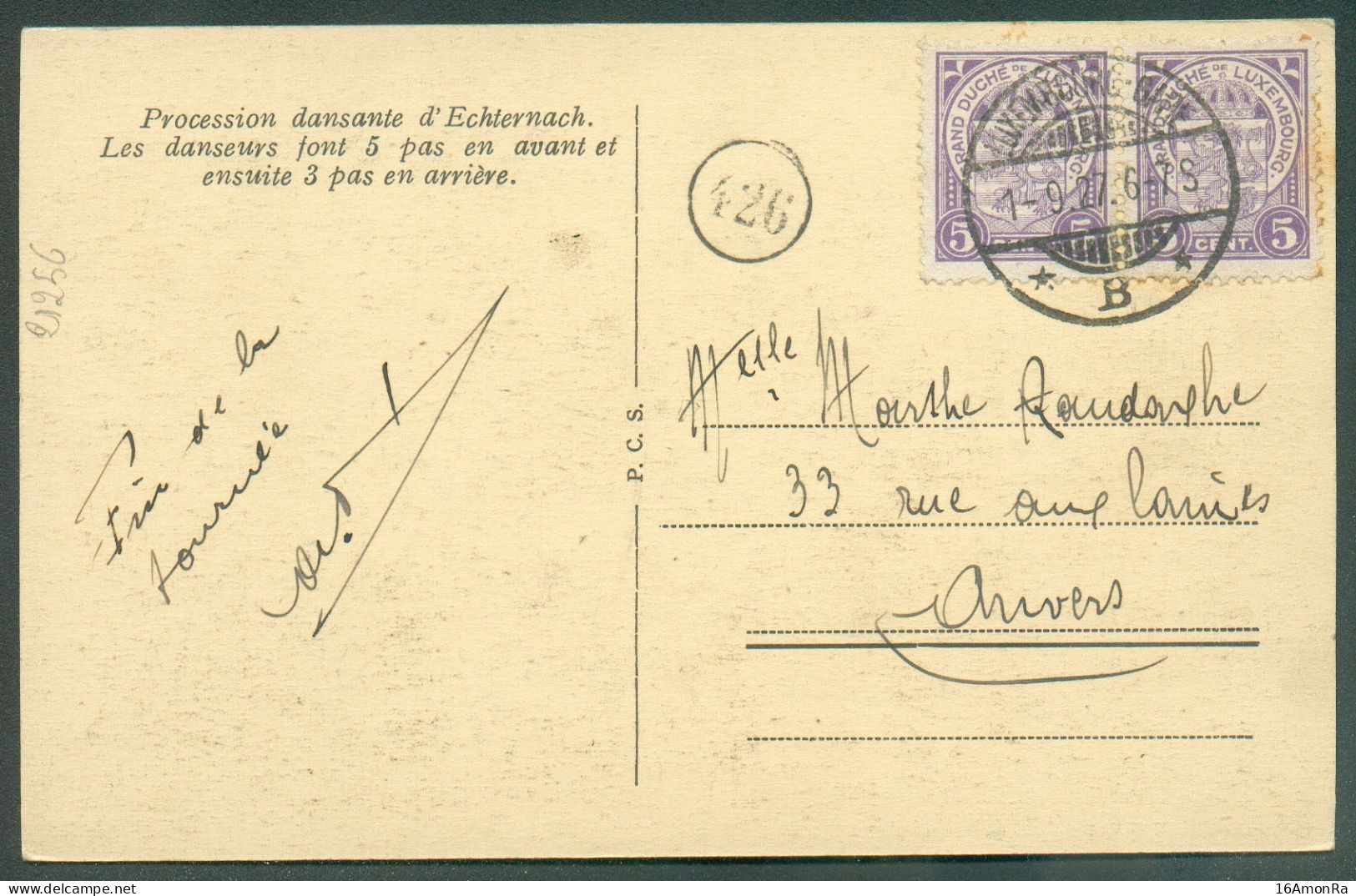 5c. Violet (paire) Obl. Dc LUXEMBOURG-VILLE Sur CP Du 1-9-1927 Vers Anvers.  TB  -  20256 - 1907-24 Wapenschild