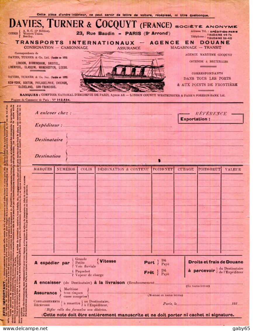 FACTURE.PARIS.TRANSPORTS INTERNATIONAUX.AGENCE EN DOUANE.DAVIES,TURNER & COCQUYT 23 RUE BAUDIN. - Verkehr & Transport